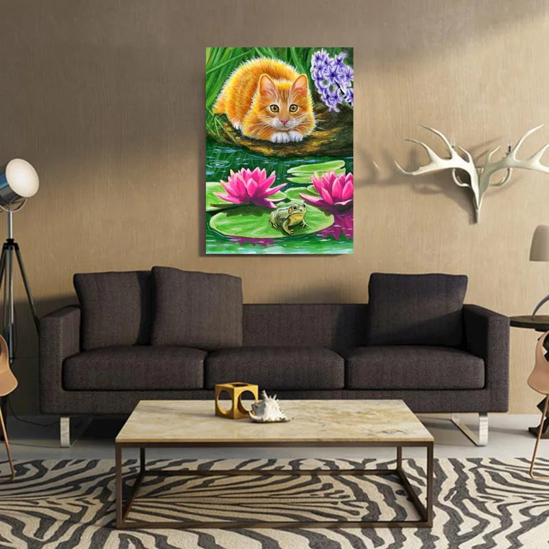 Полная квадратная/круглая дрель Милая 5d алмазная Картина Кот и лягушка вышивка