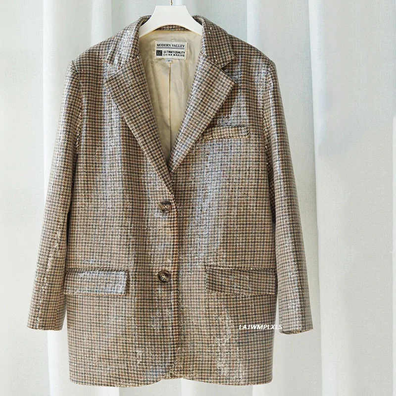 

Sequin Blazer Women Fashion Vintage Slim Double Breasted Korean Style Notched Collar 2021 New Autumn Women Clothes