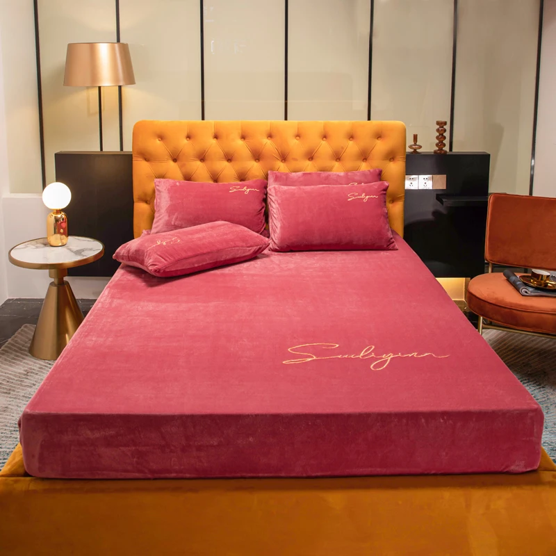 

Simple Elastic Fitted Sheet Crystal Velvet Bed Linen Mattress Cover Solid Color Winter Soft No Pillowcase Thick Home Textile