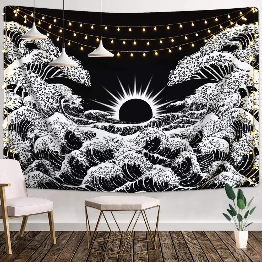 SepYue Wave Tapestry Kanagawa Great Wave Wall Tapestry with Sun Tapestries Black and White Tapestry for Room Art Printing printio кепка big wave in kanagawa