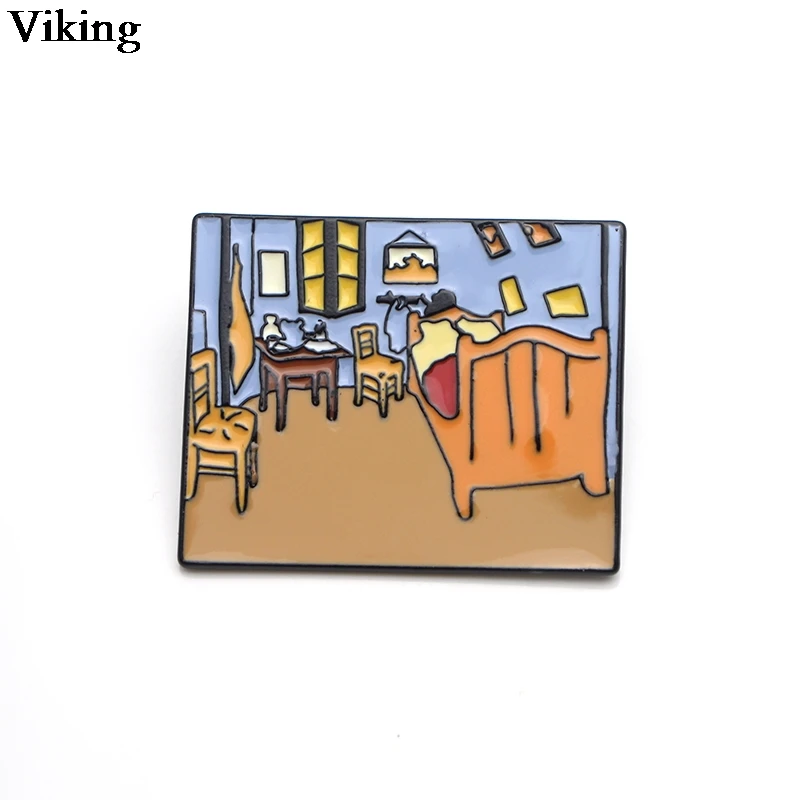 

1Pcs Van Goghs Bedroom Badge Painting Metal Brooches Enamel Badge Lapel Pin For Women Men Brooches For Collar Backpack G0374
