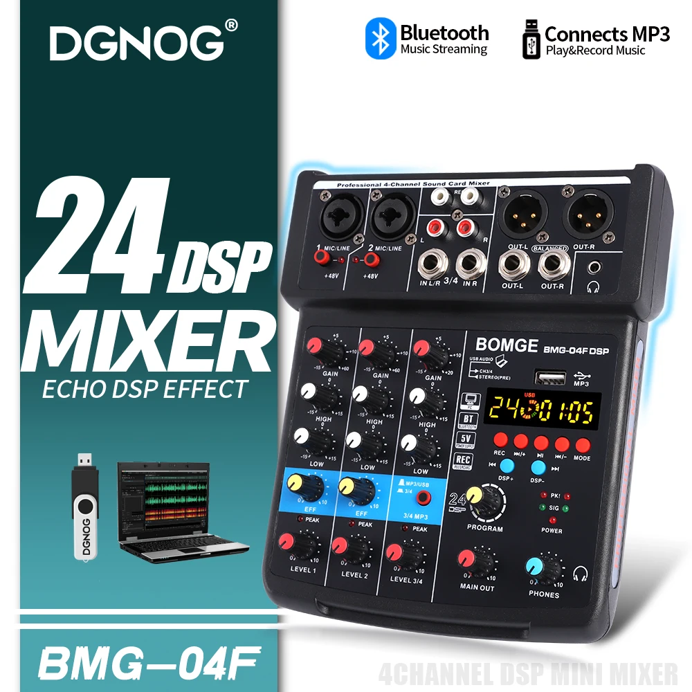 4ch Sound Mixer DJ Mixing Console With 24 Echo DSP Bluetooth 48V Phantom Power Monitor Karaoke System 5V USB Mixer Audio