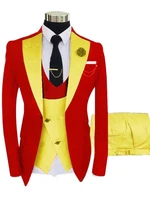 fashion 3 pieces men suit formal business suits red jacquard tuxedos for wedding groom party best man blazer yellow pants vest