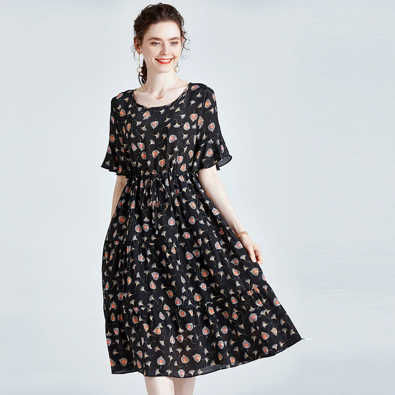 

100% Silk Women's Runway Dresses O Neck Short Sleeves Ruffles Printed Lace Up Waist Fashion Casual Dresses