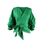 Женская Повседневная рубашка с поясом и V-образным вырезом, зеленая блузка с рукавами до локтя и баской, Клубная одежда, модные женские топы для вечеринки