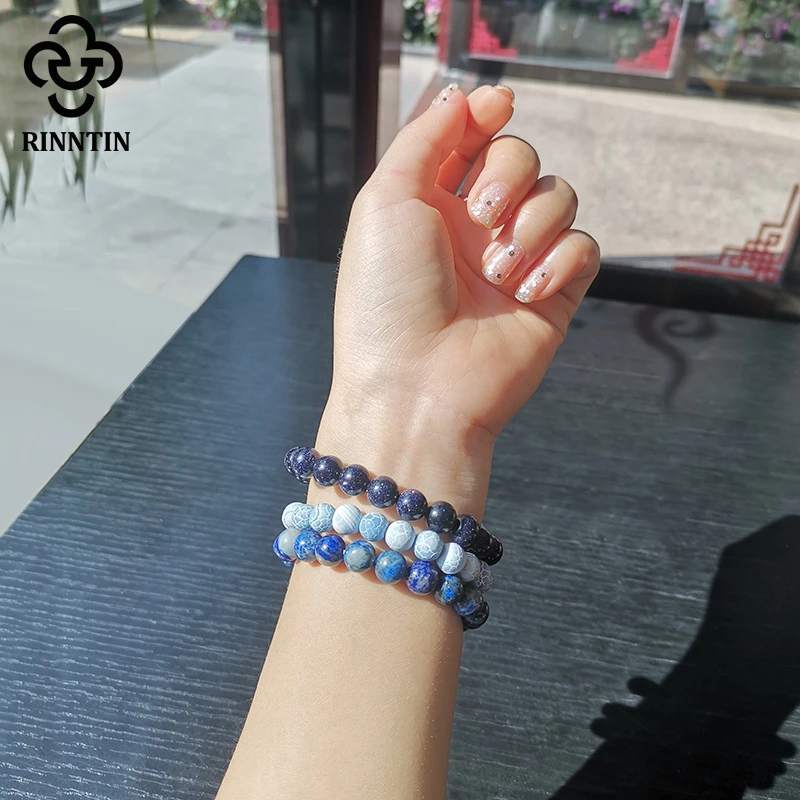 

Rinntin Natural Blue Sandstone Beads Stretch Bracelet for Women Men Reiki Yoga Bracelets Unisex Wrist Jewelry Gifts GMB28