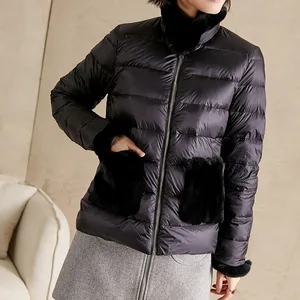 Куртка женская на 2021 пуху белой утки с длинными рукавами, теплая, короткая, зимняя, пальто из натурального кроличьего меха