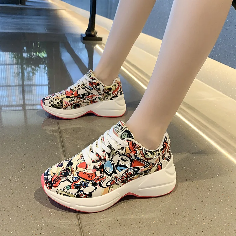 

Color Women's Shoes Tide 2021 Autumn New Women's Cross Straps Graffiti Sneakers Casual Fashion Sneakers