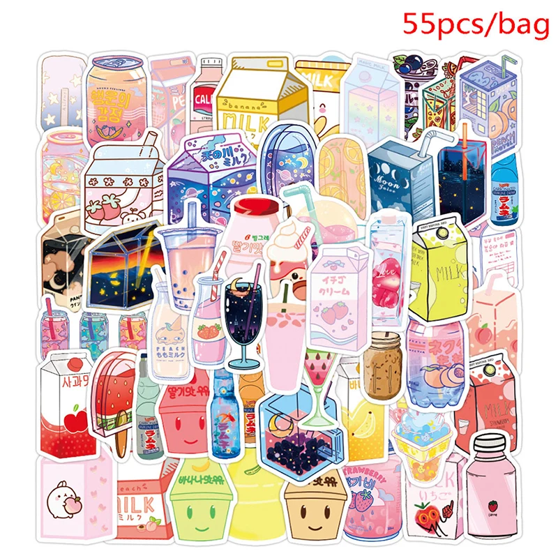 

55PCS cute and sweet food and beverage bottle stickers creative handbook diary