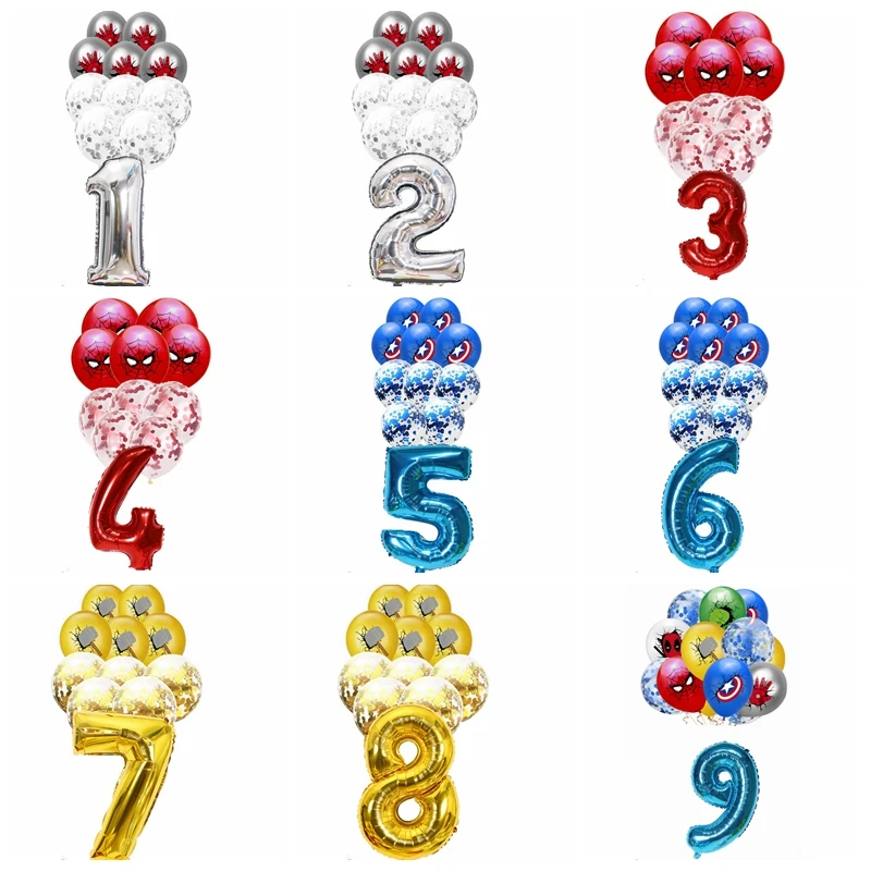 

11pcs Superhero 12inch Marvel The Avengers Spiderman Ironman Captain Thor Boy's Favor 32inch Number Foil Birthday Party Suit