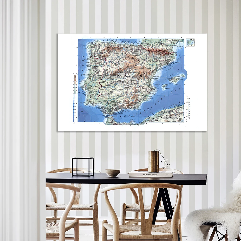 

150*100cm Orographic Map of The Spain Detailed Poster Non-woven Canvas Painting Wall Art Prints School Supplies Home Decoration