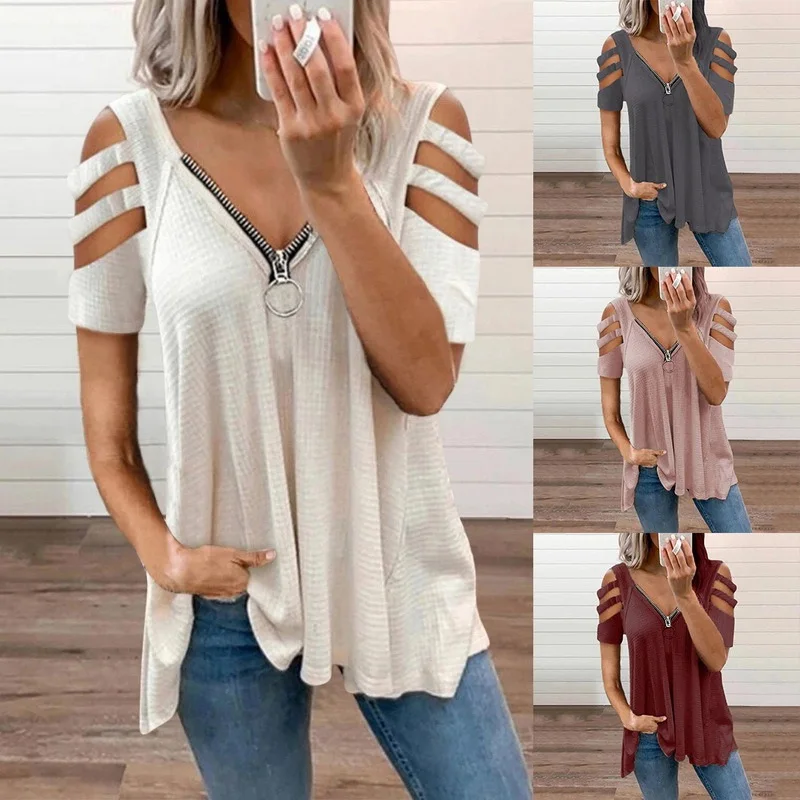 

Laamei Women Fashion V-Neck Zipper Blouse Shirt 2021 Summer Short Sleeve Hollow Out Top Female Solid Loose Streetwear Blusas 5XL