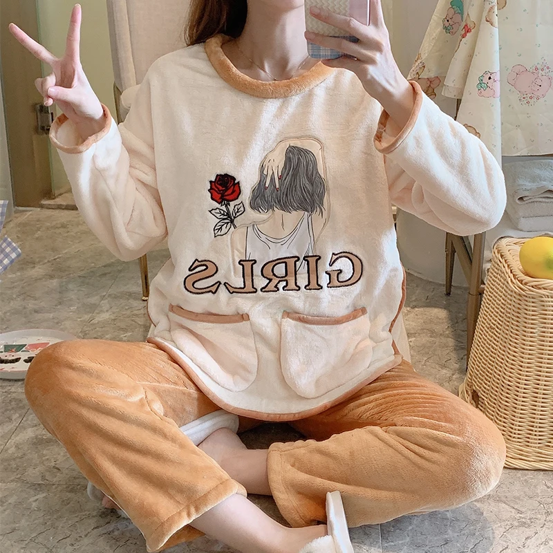 

Autumn Winter Warm Flannel Women Pajamas Sets Thick Coral Velvet Long Sleeve Cartoon Sleepwear Flannel Women Home Wear Clothes