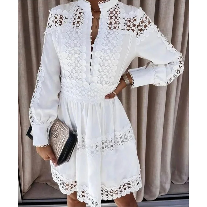 

Long Sleeve O Neck Dresses Women Fashion Hollow Out Dress Women Elegant Folds Solid Dresses Female Ladies