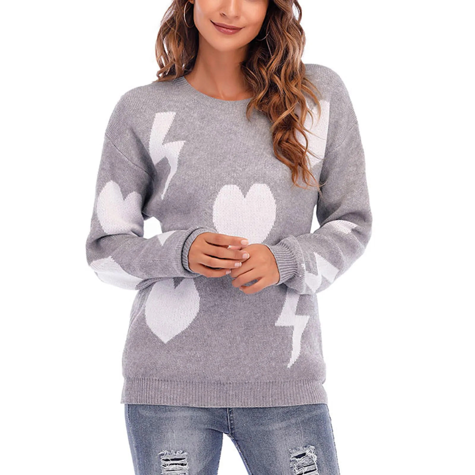 

Sweater for Women Sping/Fall Fashion Casual Loose Print Pullover Long-Sleeved Round Neck Sweater Ladies Crew Neck Pullover Tops