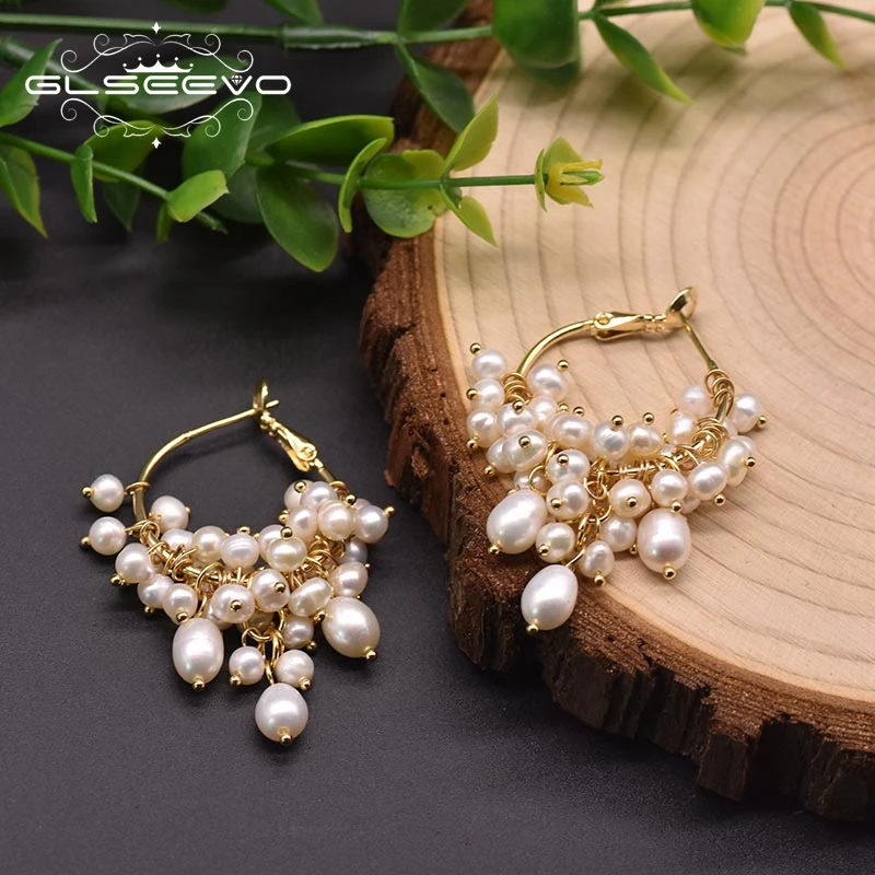 

GLSEEVO Natural Freshwater Pearl White Hoop Earrings For Woman Weddings Original Design Handmade Fine Jewelry GE0993A
