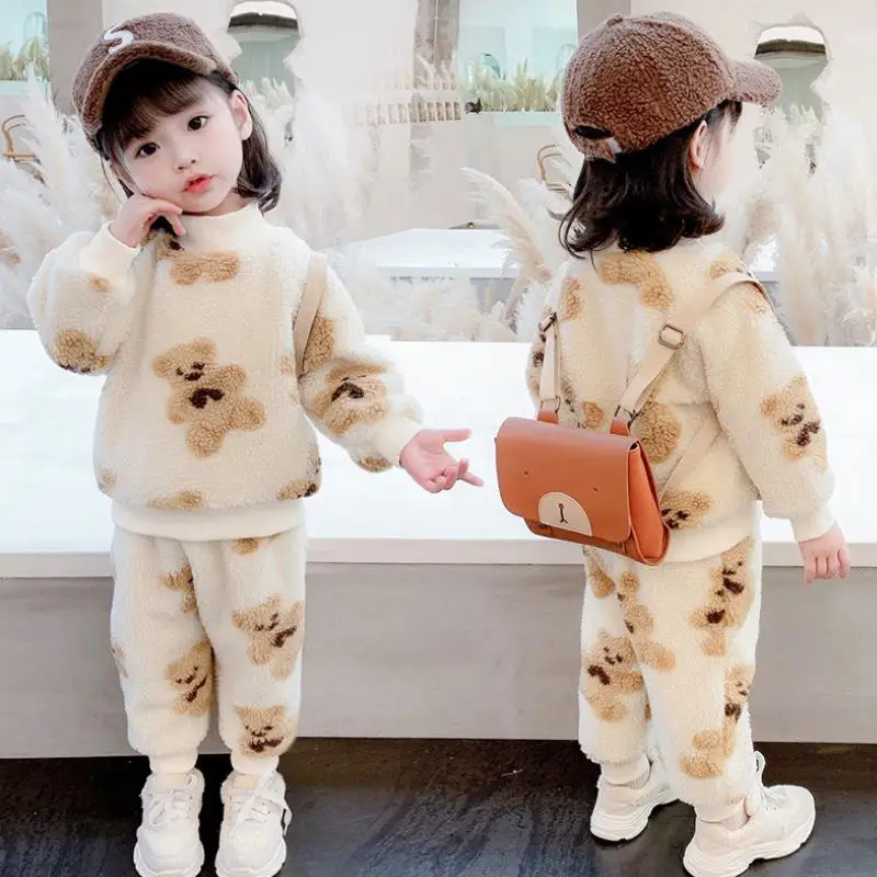 2021 new autumn/Winter baby boys lamb warm clothing set suit kid thickening clothes set children Korean 2 pieces