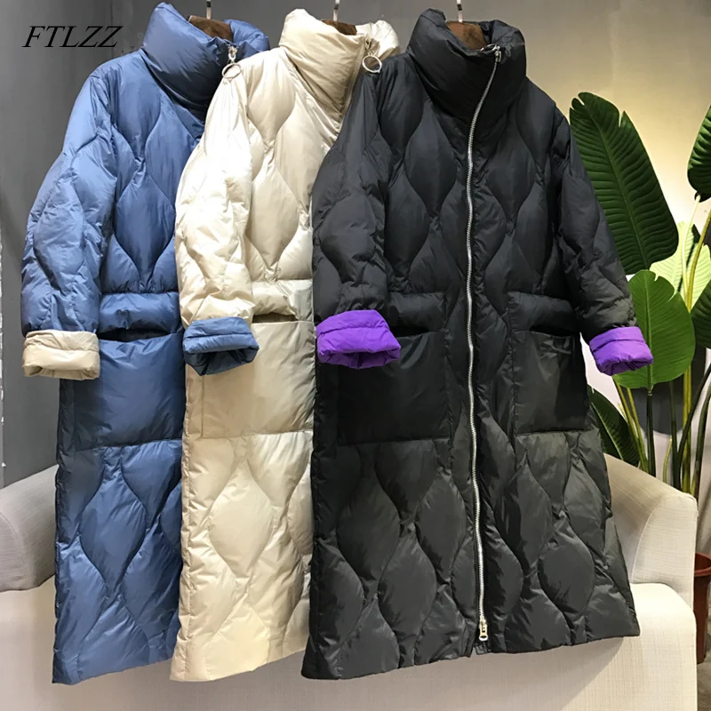 

FTLZZ New Winter Long Coat Women Ultra Light White Duck Down Jacket Female Loose Zipper Jacket Windproof Down Coat