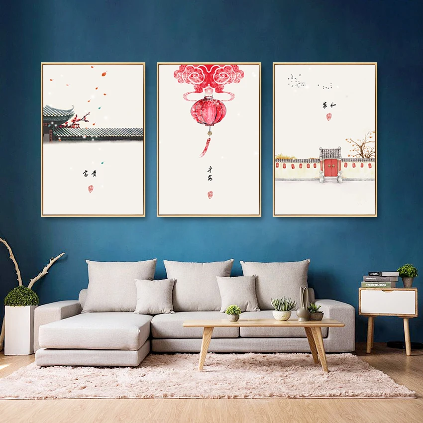 

Traditional Chinese Style Red Lantern Building Print Picture Canvas Painting Home Decor Poster For Living Room Bedroom
