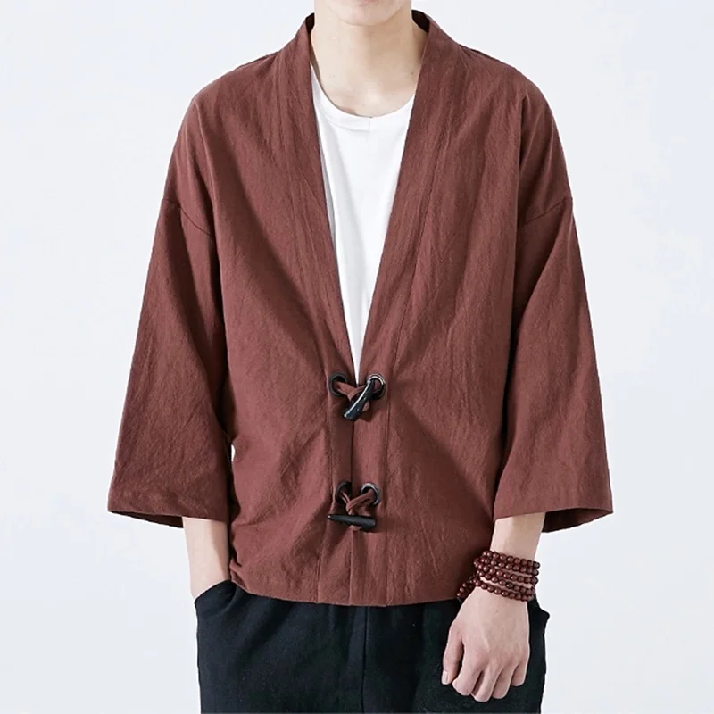 

Cotton Linen Kimono Cardigan Men Japanese Yukata Men Haori Causal Samurai Clothing Traditional Asian Streetwear Jacket FF3096