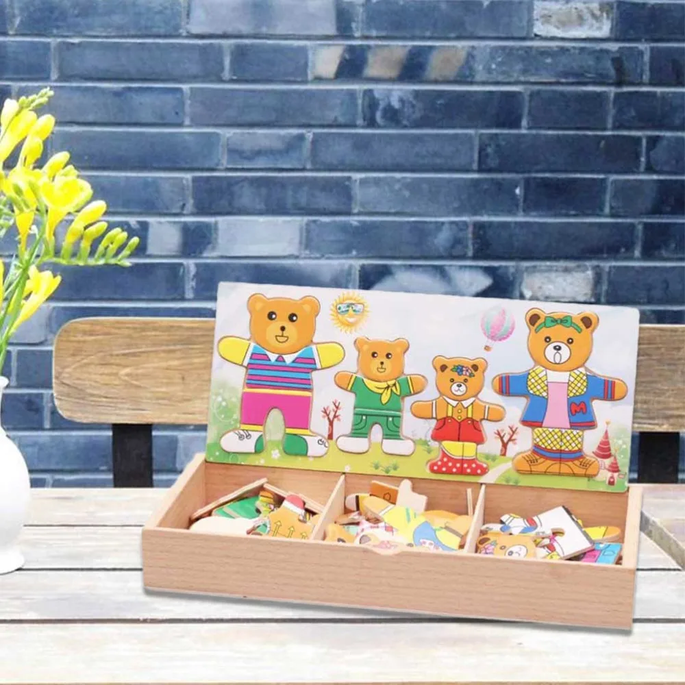 

Wooden Bear Family Dress-up Puzzle Box 4 Bears Pattern Sorting And Matching Wooden Sorting Toys For Kids