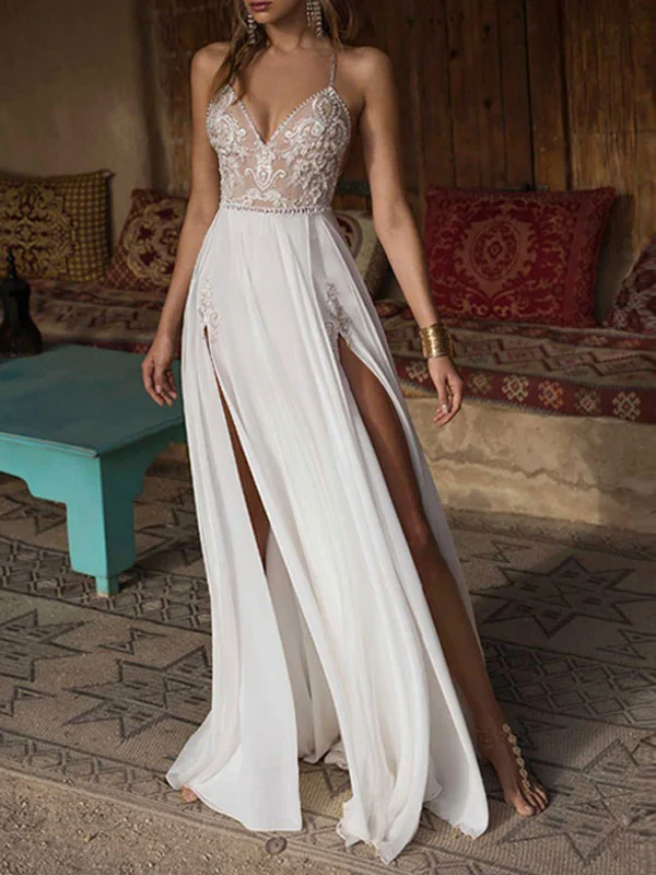 

Backless Vestido De Noiva Wedding Dresses A-line Sweetheart Chiffon Lace Slit Beach Boho Dubai Arabic Wedding Gown Bridal