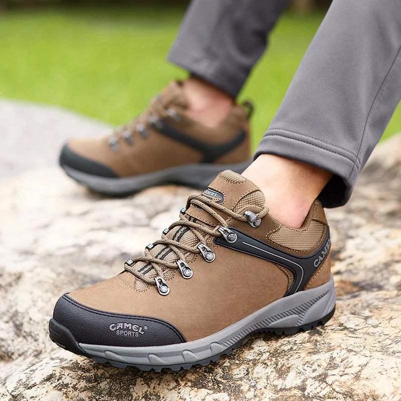 CAMEL Men Trekking Shoes Low Top Leather Hiking Shoes Male Durable Waterproof Anti-Slip Outdoor Mountain Climbing Walking Shoes