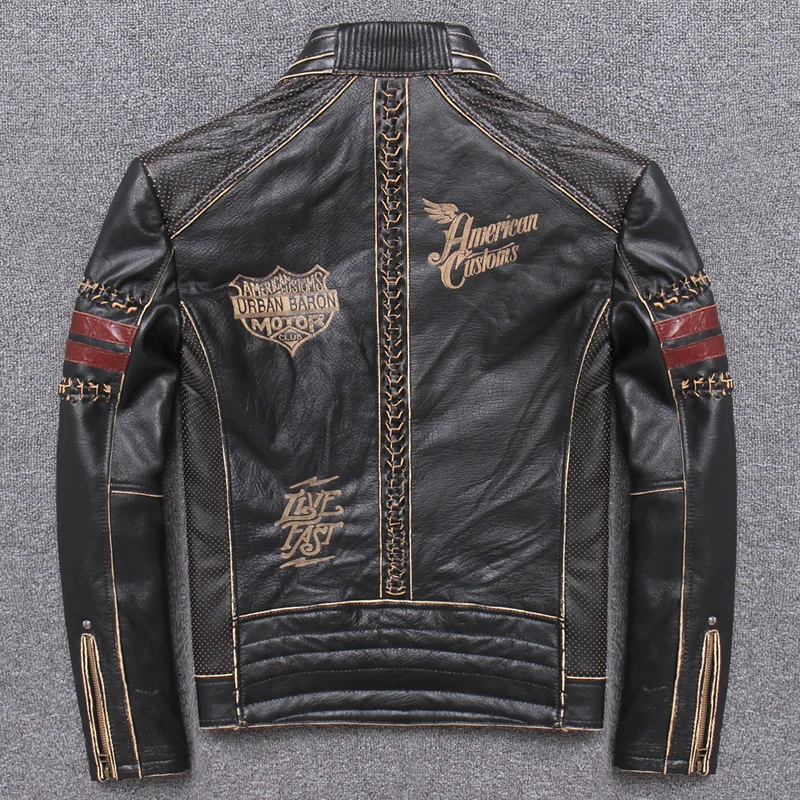

2020 Vintage Black Men Motorcycle Jacket Plus Size XXXL Genuine Cowhide Russian Slim Fit Short Biker's Leather Coat