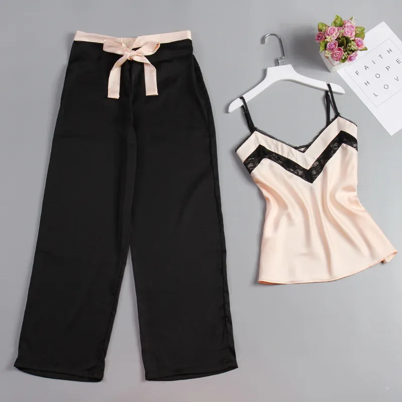 New 2 Piece Woman Pajamas Set Stain Silk Sexy Sleepwear Pink Top And Long Pants Strap Sling Summer Pajama HomeWear MG021 | Женская