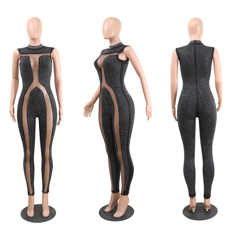 Стразы Женский Летний комбинезон без рукавов с прозрачной сеткой в стиле пэчворк