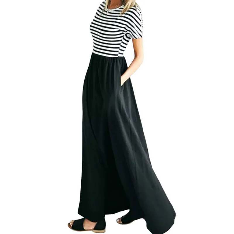 Летнее платье макси в полоску с коротким рукавом и круглым вырезом|Женские