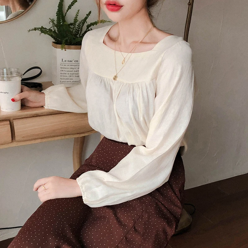 Осенние базовые рубашки блузки Женская винтажная Повседневная Блузка с длинным