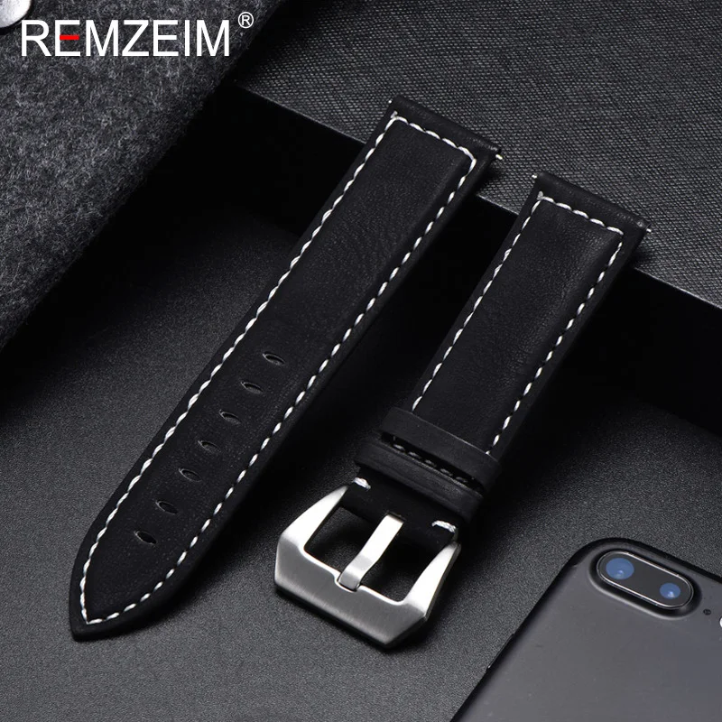 REMZEIM New Black Brown Blue Red Retro Matte Leather Watch Band 18 20 22 24mm Leather Strap Stainless Steel Buckle Watchbands