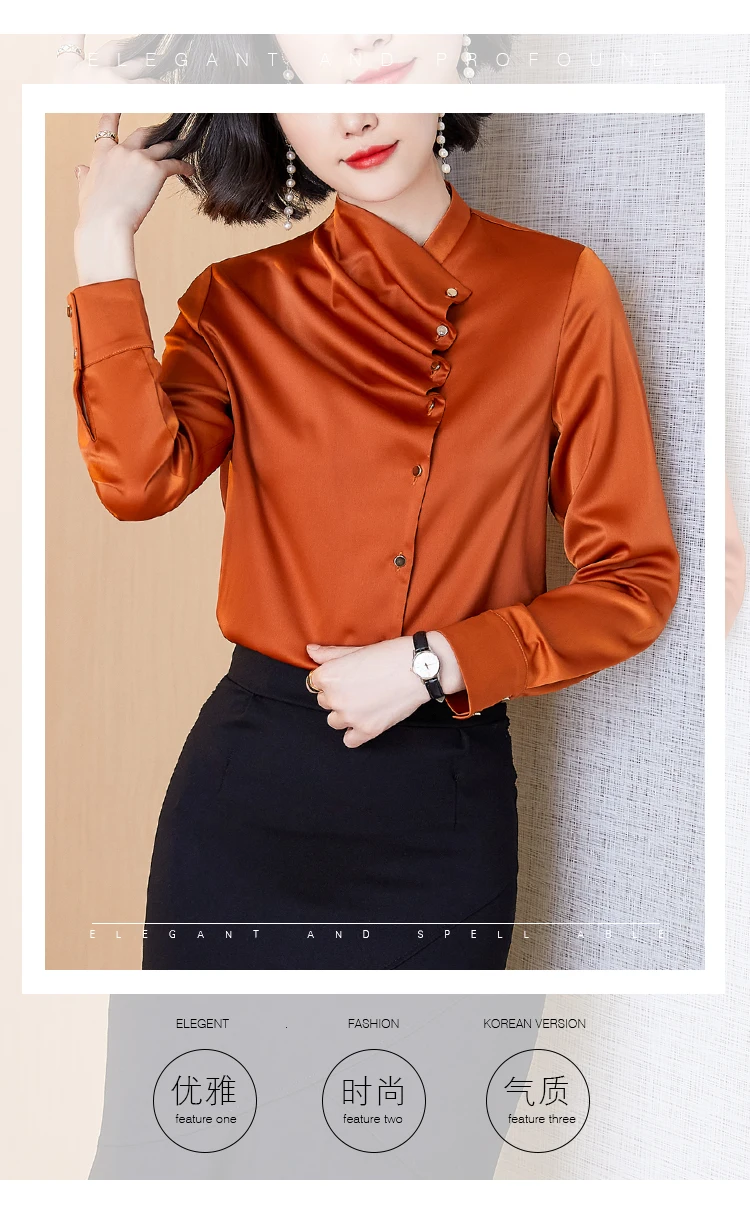 

Silk Women's Blouse Plus Size O-neck Casual Girl's Shirt New Loose Solid Fashion Long Sleeve Top Lady Blusas Houthion