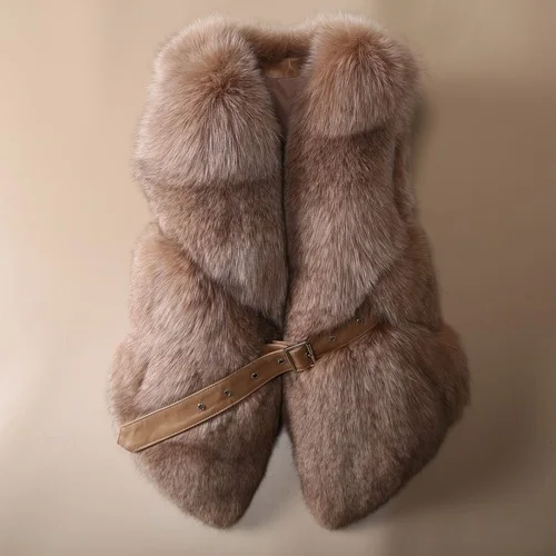 Dark Brown OFTBUY жилет из натурального Лисьего меха Повседневная женская зимняя безрукавка v-образный вырез пальто из натурального меха толстый теплый пояс уличная верхняя одежда - Цвет: Dark Brown