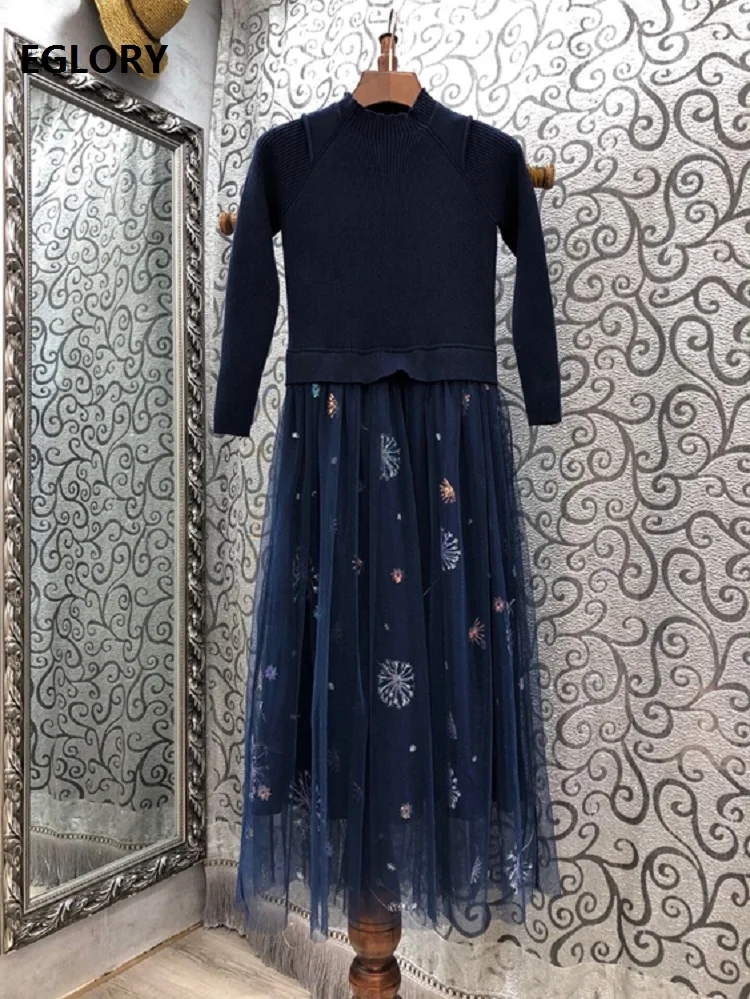 

Женское трикотажное платье, темно-синее платье-свитер из тюля, с вышивкой и длинным рукавом, Осень-зима 2020
