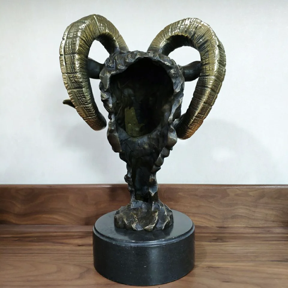 

Animal Sculpture Art Goat Head Bust Statue Figurine Hot Casting Bronze Brass Marble Base Home Decor
