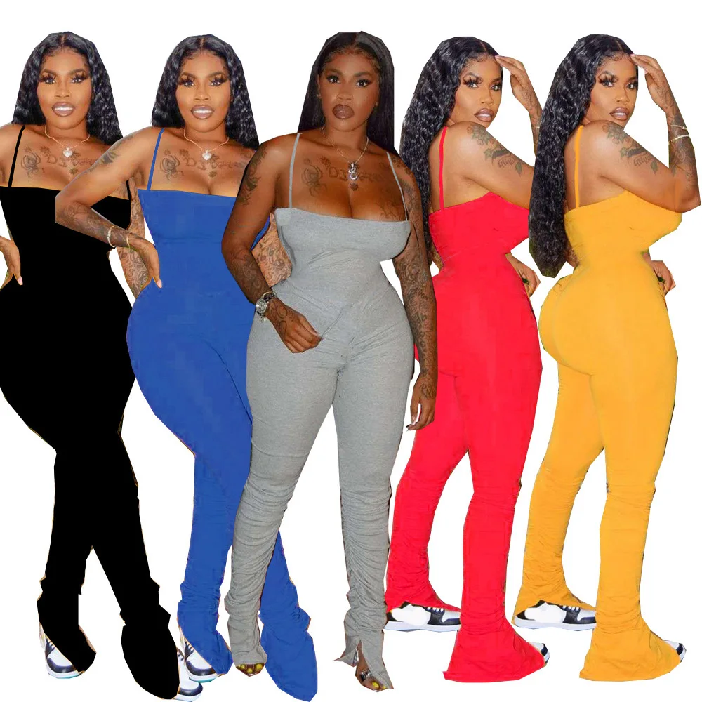 

Summer Lady Clothing Sexy Wrinkled Micro Bootcut Halter Backless Jumpsuit Girl Casual Skinny One Piece Bodysuit Mono Largo Mujer