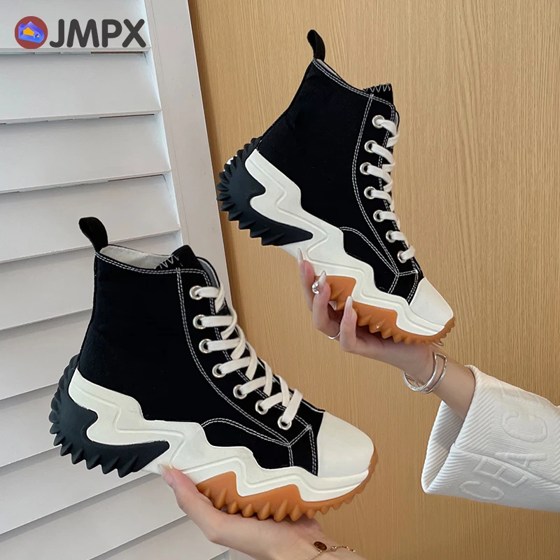 JMPX Women's High Platform Canvas Shoes Fashion Female Round Toe Lace Up Pumps Sneakers Spring Women High Top Vulcanized Shoes