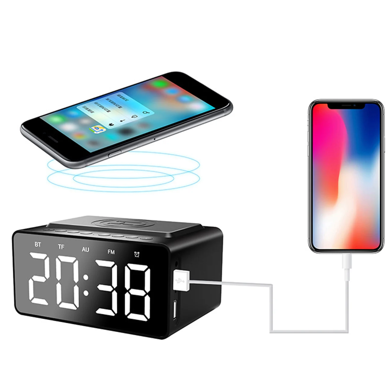 

Multifunctional Clock FM Radio Wireless Charging Alarm Clock Mirror Led Alarm Clock Bluetooth Speaker with Wireless Charger