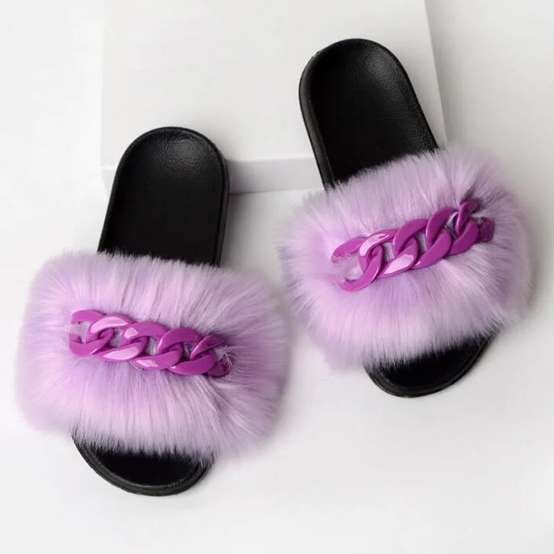 

Women Travel Rainbow Chain Fluffy Faux Fur Slides Girl's Charming Faux Fur Slippers Ladies Leisure Garden Walking Flip Flops Hot
