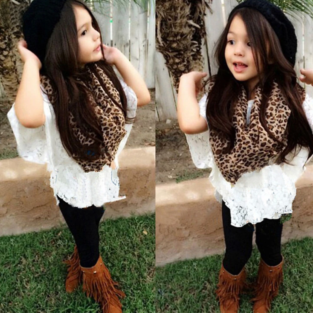 

Girl Fashion Sling Vest Leggings Long Sleeve Casual Summer Leopard Print Scarf Home Gift Kid Top Set