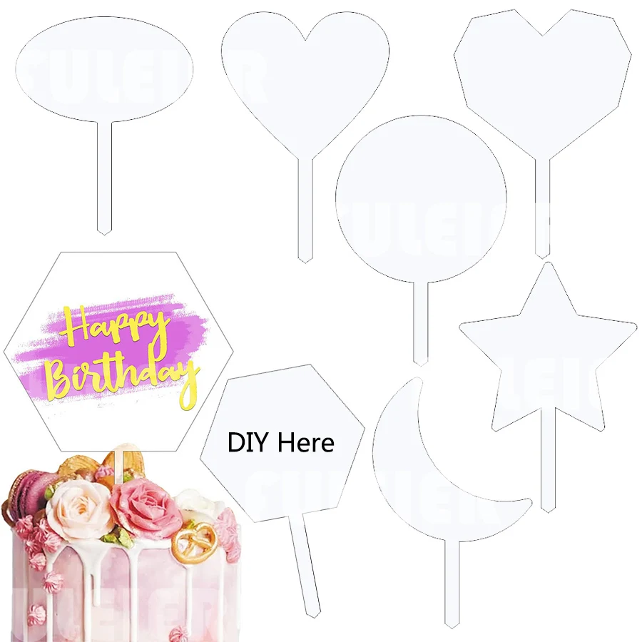 

7style 10 Pack Clear Acrylic Cake Toppers Blank DIY Birthday Cake Topper for Wedding Party Anniversary Cake Decorations Tools