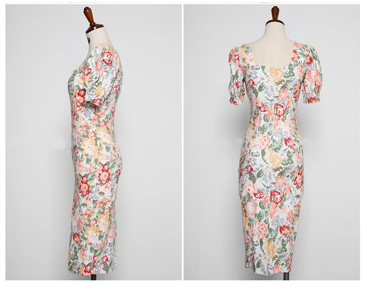 

Square Collar Floral Print Dress High Waist Sheath Bodycon Dresses Women Clothing Puff Short Sleeve Summer Party Dress T2309