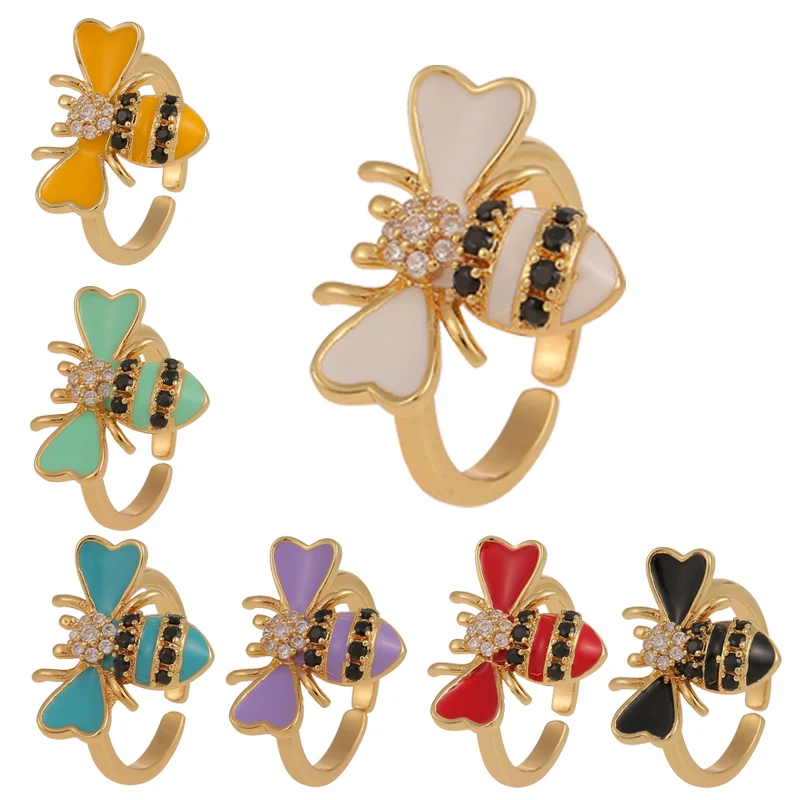 

Y2K Cute Enamel Bee Insect Cuff Rings For Women Tiny Copper Inlay Zircon Finger Ring 2021 Trendy Wedding Party Jewelry Gifts