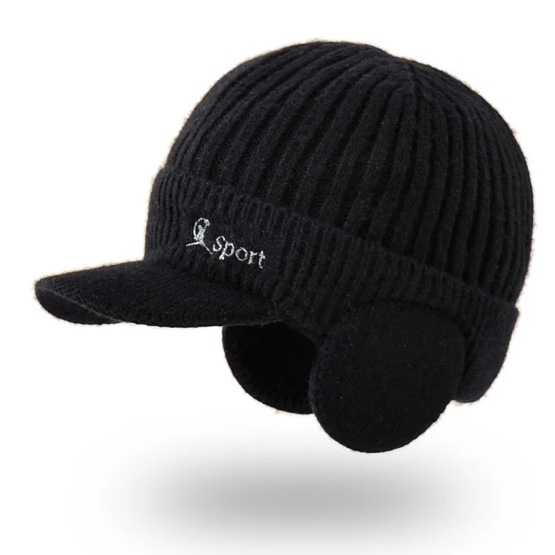 

Men Winter Knitted Ear Protection Cap Think Wool Beanies Bonnet Snapback Cap Short Brim Hat Outdoor Cycling Plush Keep Warm Hat