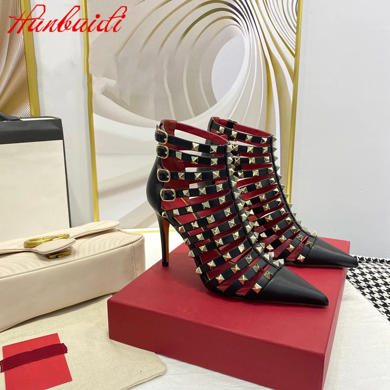 

Сандалии-гладиаторы женские с острым носком, пикантные босоножки с заклепками, тонкий высокий каблук, кожаные туфли с отверстием, лето-осен...