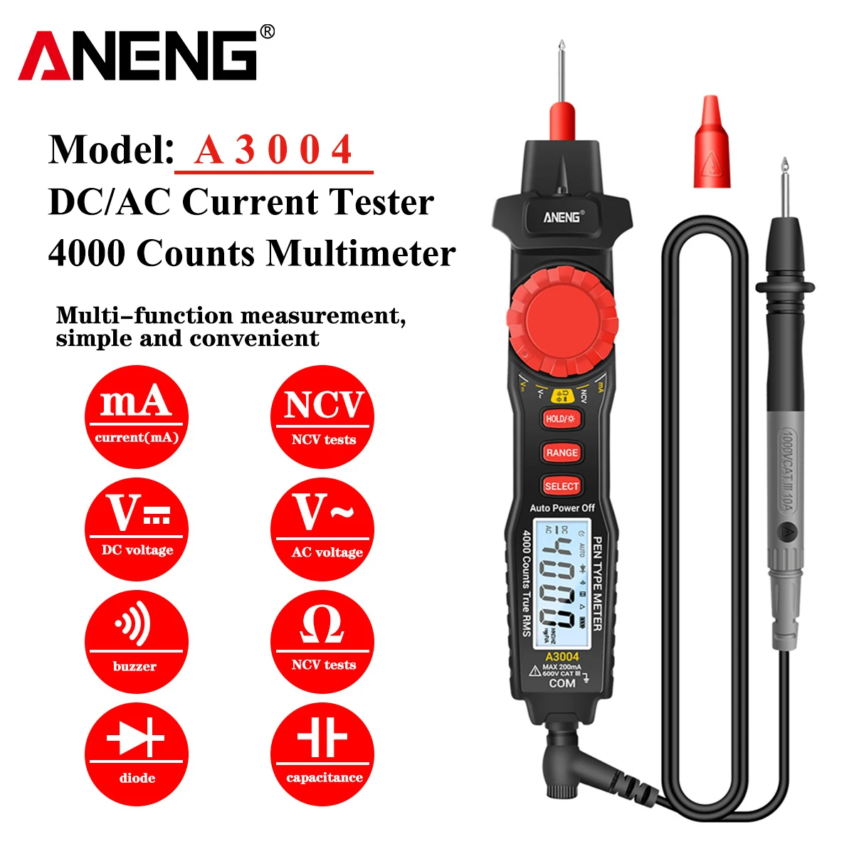 

ANENG A3004 Digital Multimeter Pen 4000 Counts AC/DC Current Meter Electric Handheld Tester Voltage Resistance Profesional Tools