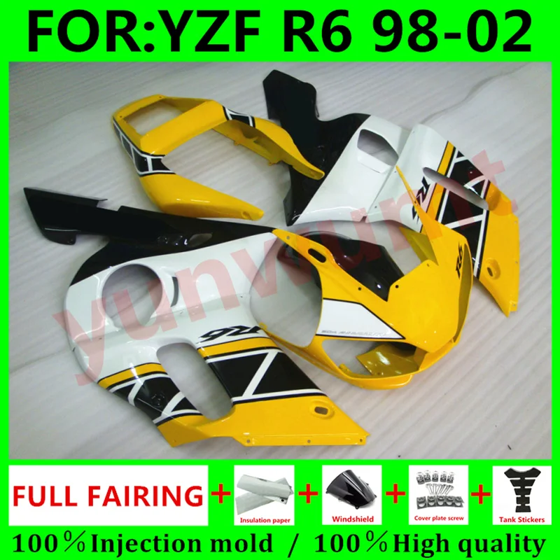 

Motorcycle whole ABS Fairings Bodywork For Yamaha YZF R6 1999 2000 2001 2002 full Fairing Kit R6 98 99 00 01 02 set yellow white