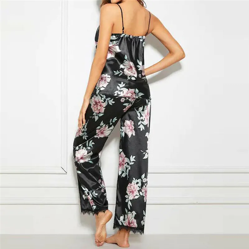 

Ladies floral pajamas set with lingerie sleeveless v-neck backless vest top lace satin pants pajamas